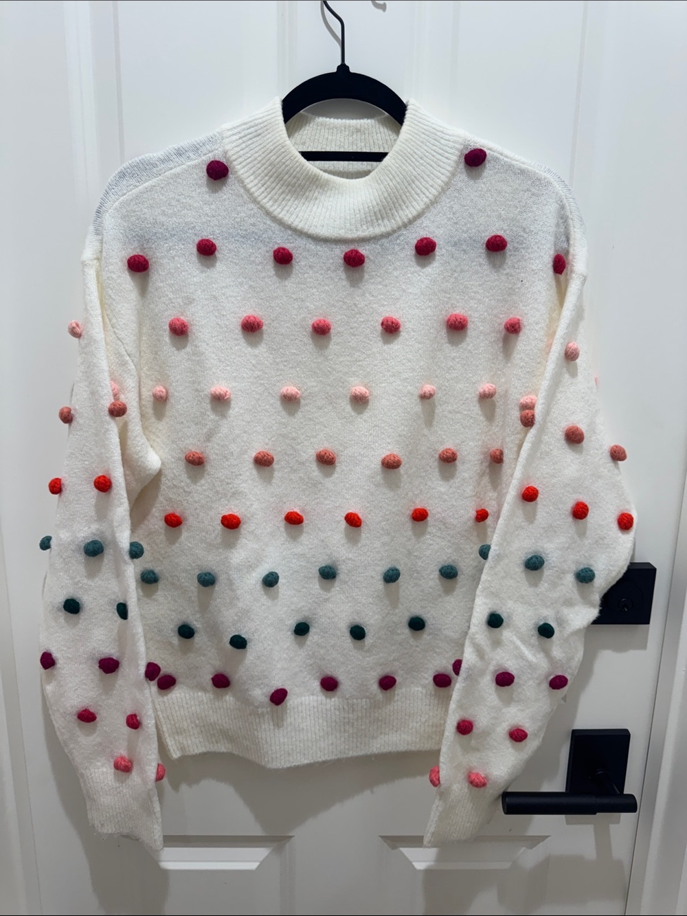 CeCe Cream Sweater with Pink, Red and Teal Pom-Poms